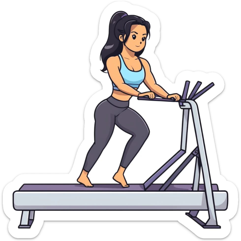 woman with tanned skin, long black hair, wearing a sports bra, doing exercise on a Pilates reformer machine sticker