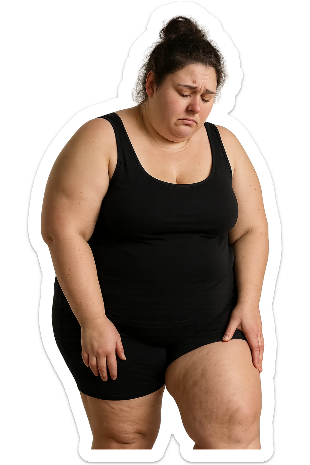 donna grassa che si tocca la coscia con espressione triste, IPERREALISTICA 4K sticker