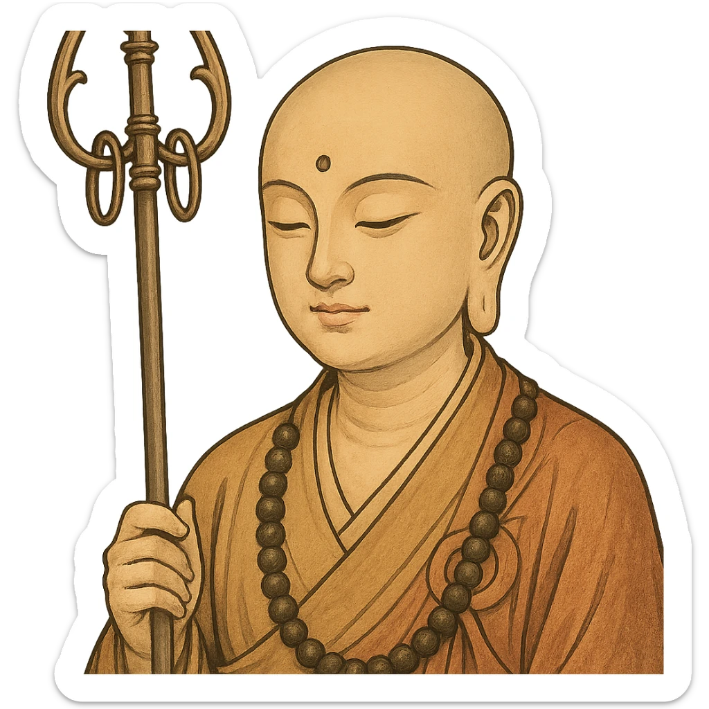 Kṣitigarbha bodhisattva, close-up portrait, gentle eyes, monk's robes, staff visible, spiritual and calm sticker