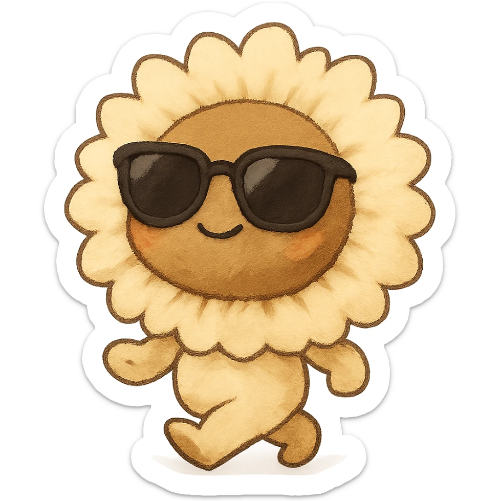 chibi fluffy creamy yellow sunflower, wearing sunglasses, walking out confidently, full body sticker