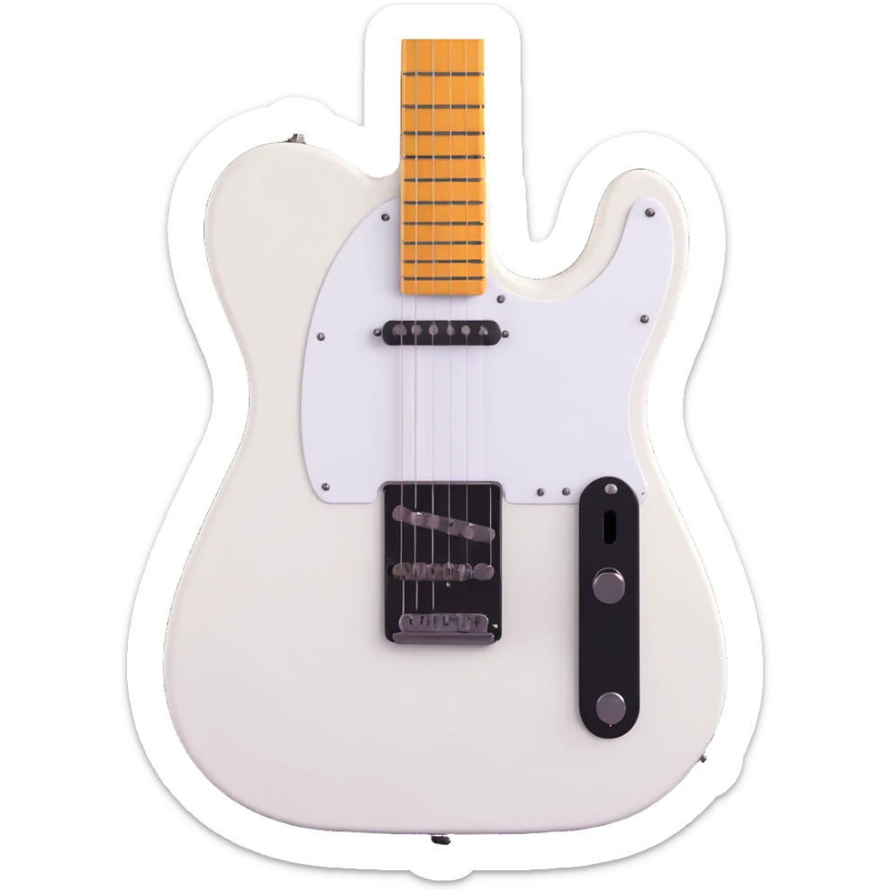 A 3D emoji-style design of a Telecaster-type guitar with a white body and black pickguard. The whole guitar is visible, with a simple and bright atmosphere. No background, suitable for icon use. The style is friendly and not too realistic. sticker