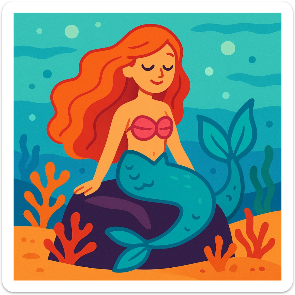 A serene mermaid sitting on a rock underwater, with flowing hair and shimmering tail sticker