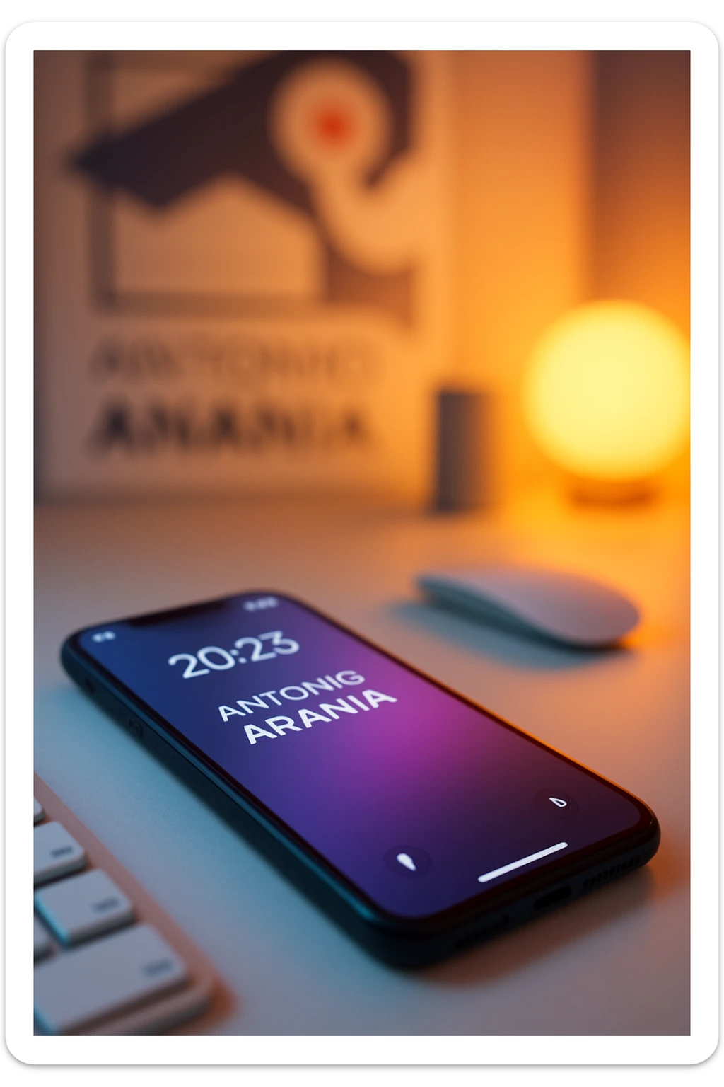 A photo of an iPhone on the desk with the message "Antonio Anania" on its screen, The phone sits atop a desk with a blurred with the logo in the background that suggests work environment. A faint glow from above casts gentle shadows across the surface of each object, creating depth and highlighting their textures sticker