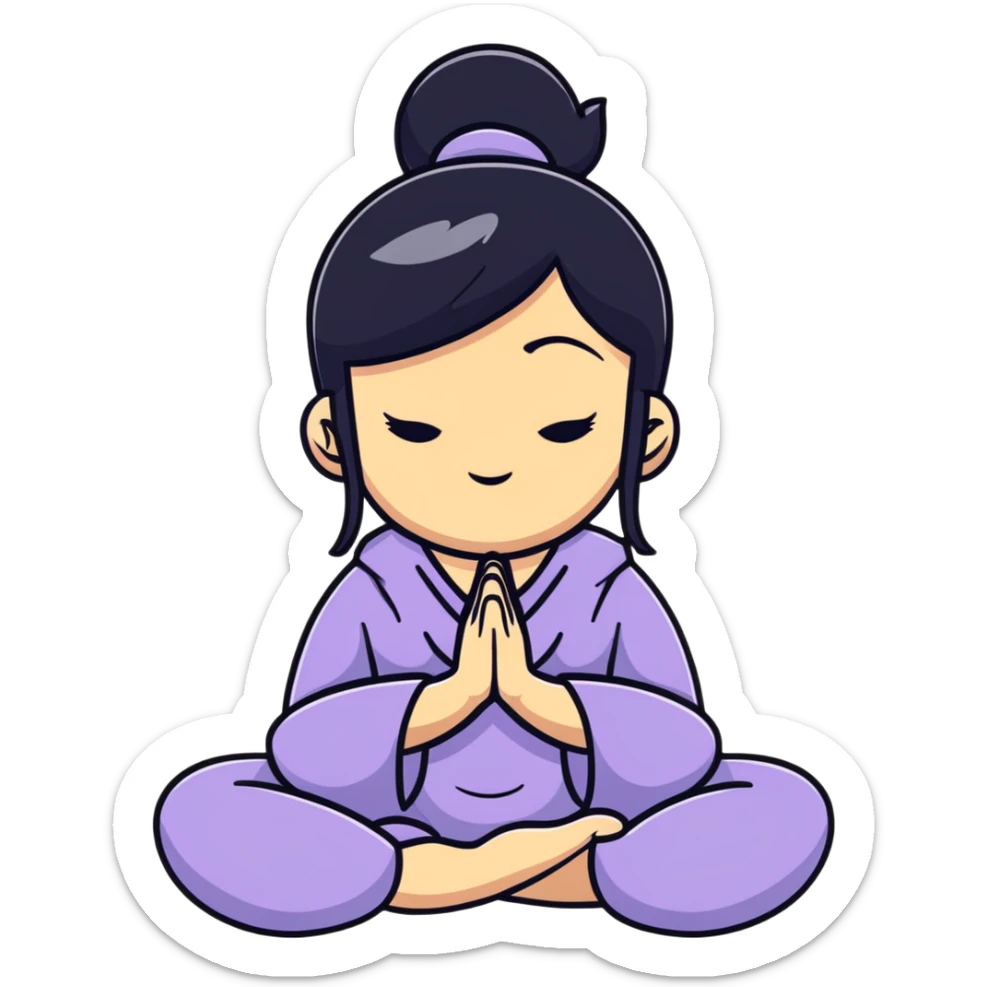 White girl with black hair in meditation pose, peaceful self care wellness moment sticker