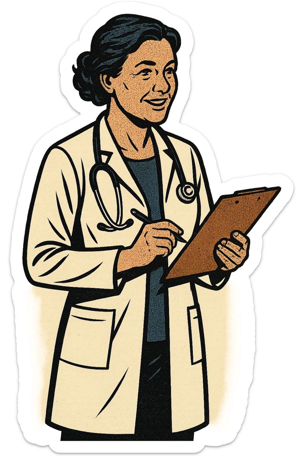 A full body image of a caring middle aged female doctor with a stethoscope holding a note pad sticker
