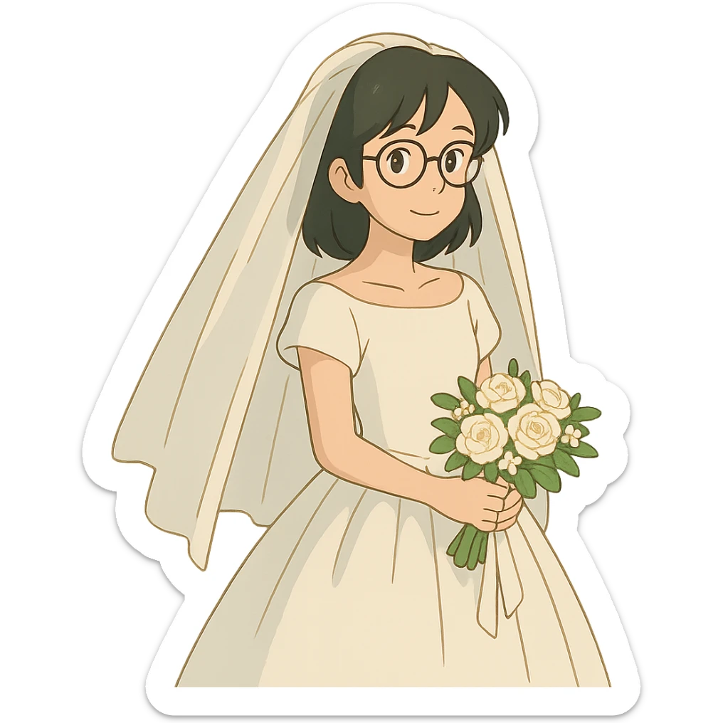 ghibli style girl with black hair in glasses in a wedding dress sticker