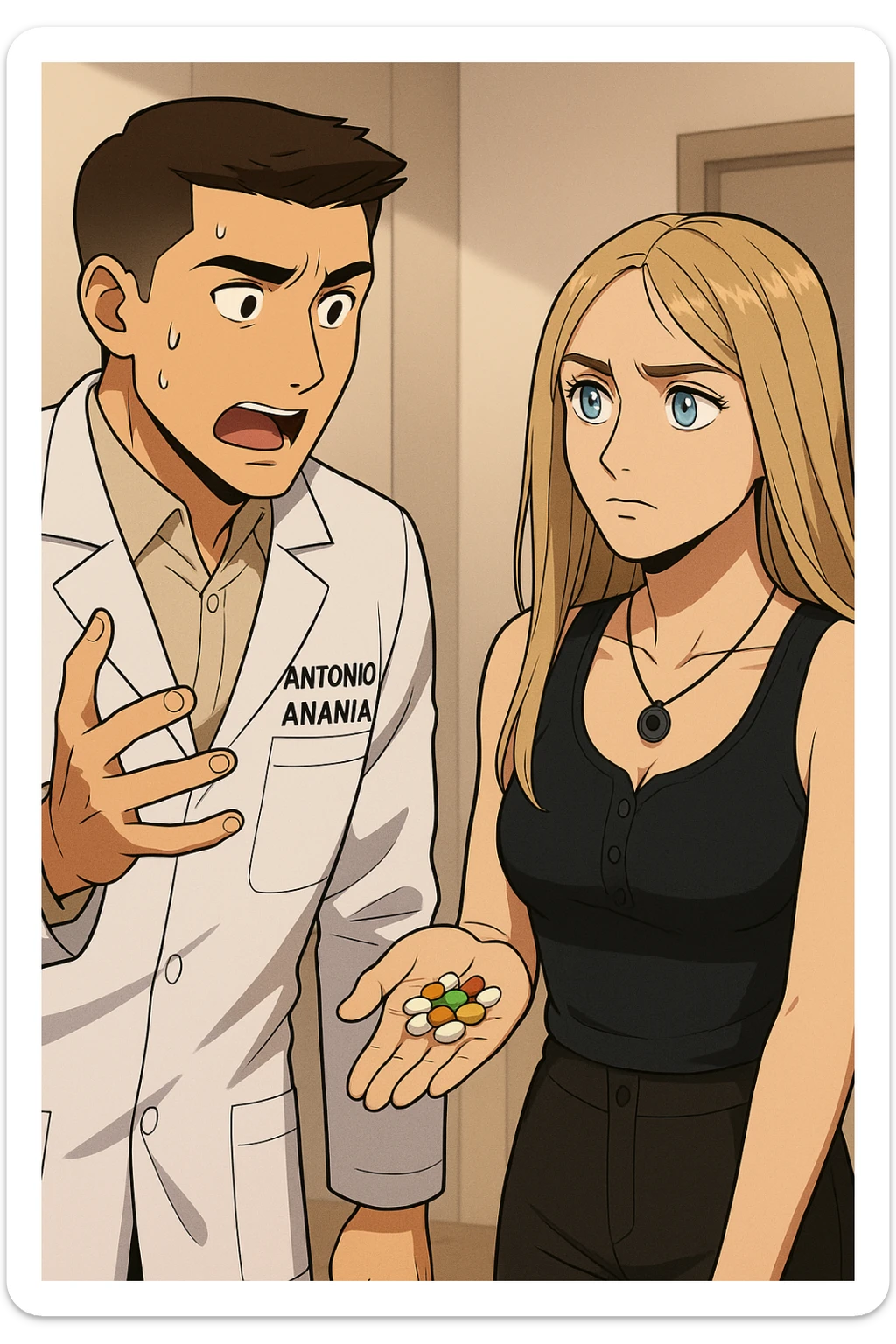 fai un webtoon/manga a colori con questo kinesiologo in camice bianco (fagli la scritta "ANTONIO ANANIA" SUL CAMICE) CHE PARLA CON QUESTA RAGAZZA CON GLI OCCHI AZZURRI. LA RAGAZZA HA UN PUGNO DI INTEGRATORI IN MANO (TANTE PILLOLE DIVERSE) E LE GUARDA DUBBIOSA. IL KINESIOLOGO CON IL CAMICE BIANCO LE DOMANDA UNA COSA SCIOCCATO. NON FARE I FUMETTI, FAI SOLO LORO COME SE DIALOGASSERO sticker