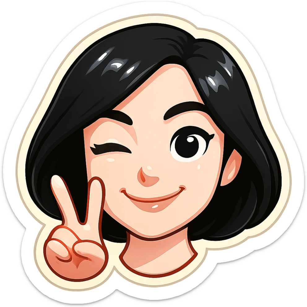 Edit the image of the girl to have white skin while preserving a very cute and beautiful look. Style it in classic Telegram stickers style with neat facial features, resembling Samsung Sam but with the head only (no neck). The girl is smiling and winking (one eye open, one eye closed), showing a V (peace) sign with her fingers. Use a clean, bright, cartoon style suitable for a Telegram bot profile. Keep the background white. sticker