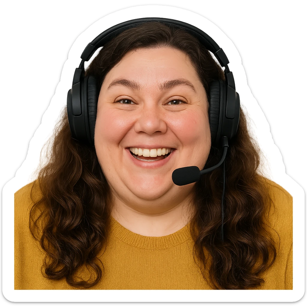 chubby English teacher with wavy long brown hair, happy face, gamer vibe, for online classes, only face sticker