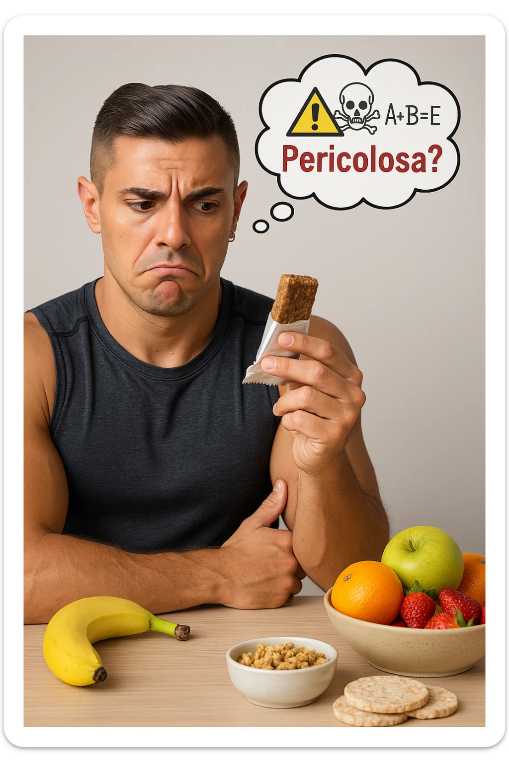 un uomo in abbigliamento sportivo tiene in mano una barretta proteica, osservandola con un’espressione scettica e preoccupata. Sopra la barretta, una nuvoletta di pensiero mostra simboli di allarme, ingredienti chimici e la scritta “Pericolosa?” in rosso. Sullo sfondo, frutta fresca e altri snack naturali sono visibili sul tavolo, sottolineando la sua preferenza per alternative più sane. sticker