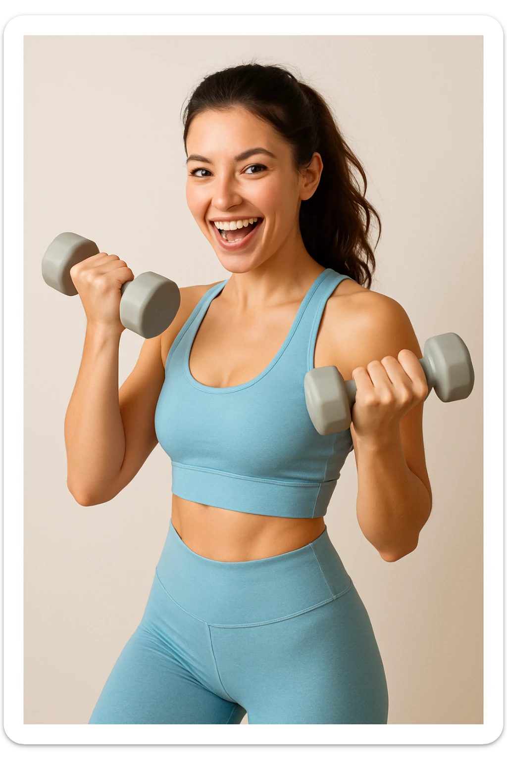 brunette girl lifting weights, wearing light blue athletic outfit, energetic and confident, simple background sticker