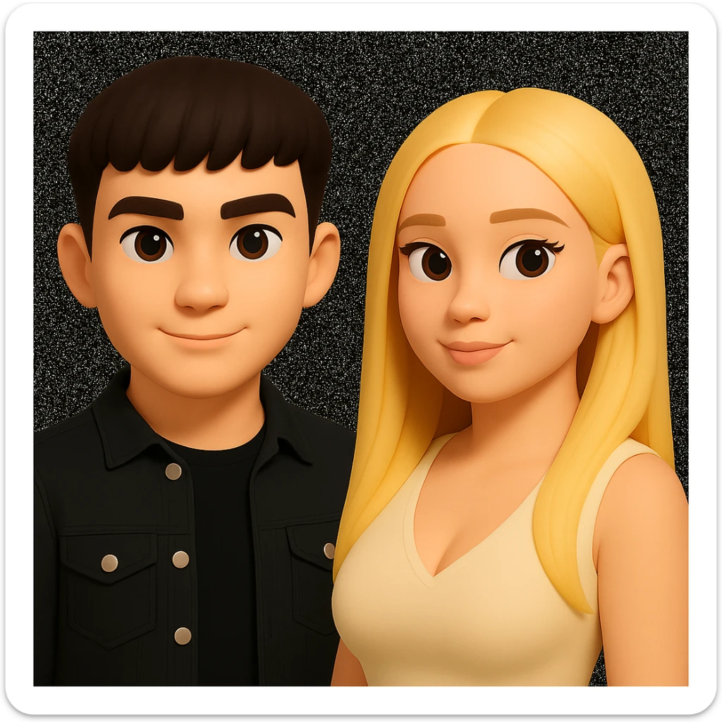 Slightly increase the volume of the upper body of the girl, separate the girl and the boy from each other, and make the skin color the same for both. Preserve the cartoonish 3D style in the edit. sticker