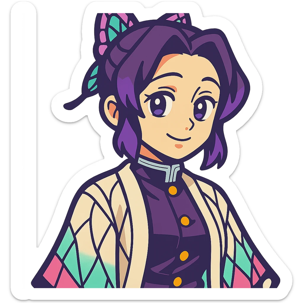 Shinobu Kocho from Demon Slayer, vibrant anime style, butterfly hairpin, purple-tinted hair, gentle smile sticker