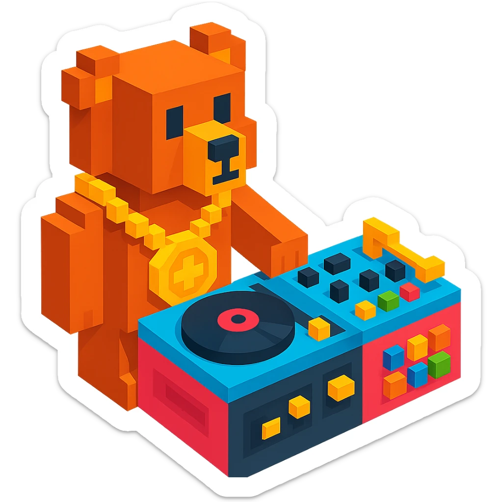 Change the DJ setup to a more advanced turntable and mixer setup for the Russian grizzly bear with a rapper chain sticker