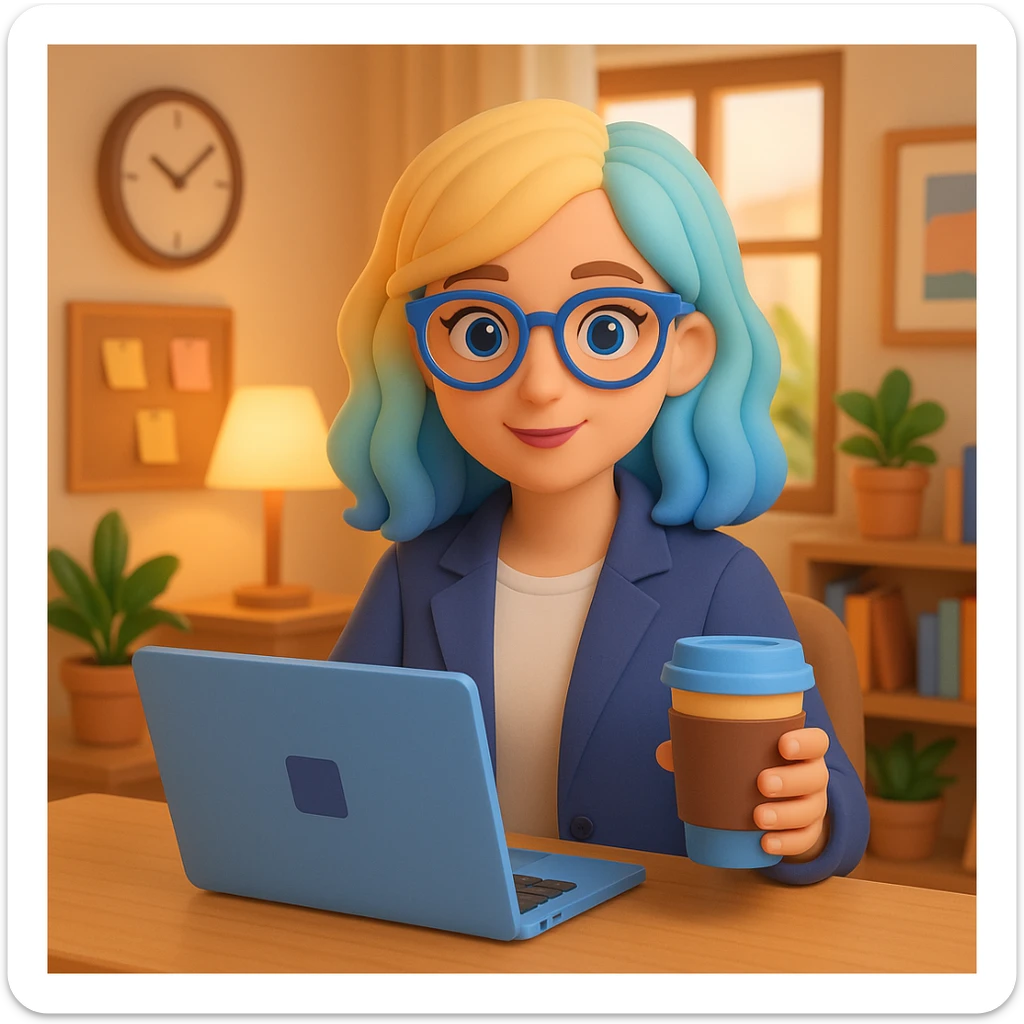 A girl with blonde hair and blue hair wearing glasses holds a laptop and a glass of coffee with a background sticker