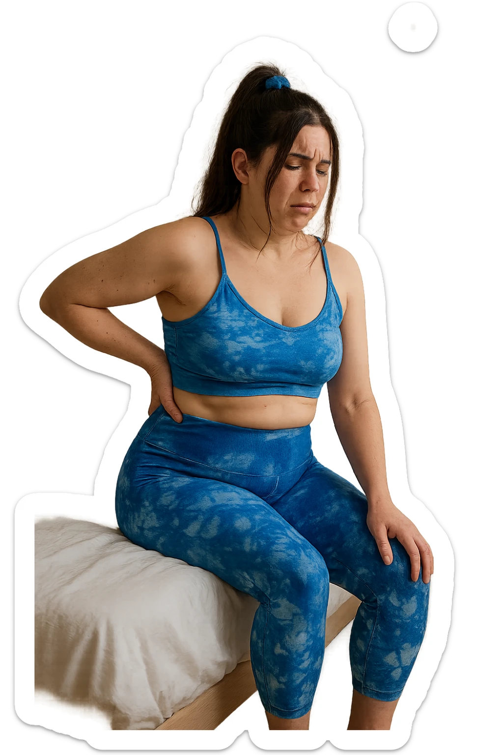 a woman in her 30s sits on the edge of her bed in the morning, holding her lower back with a pained expression. Subtle visual cues, like uneven shoulders or hips, hint at postural asymmetry. The room is softly lit, and a calendar on the wall shows months crossed off, symbolizing chronic pain over the years. sticker