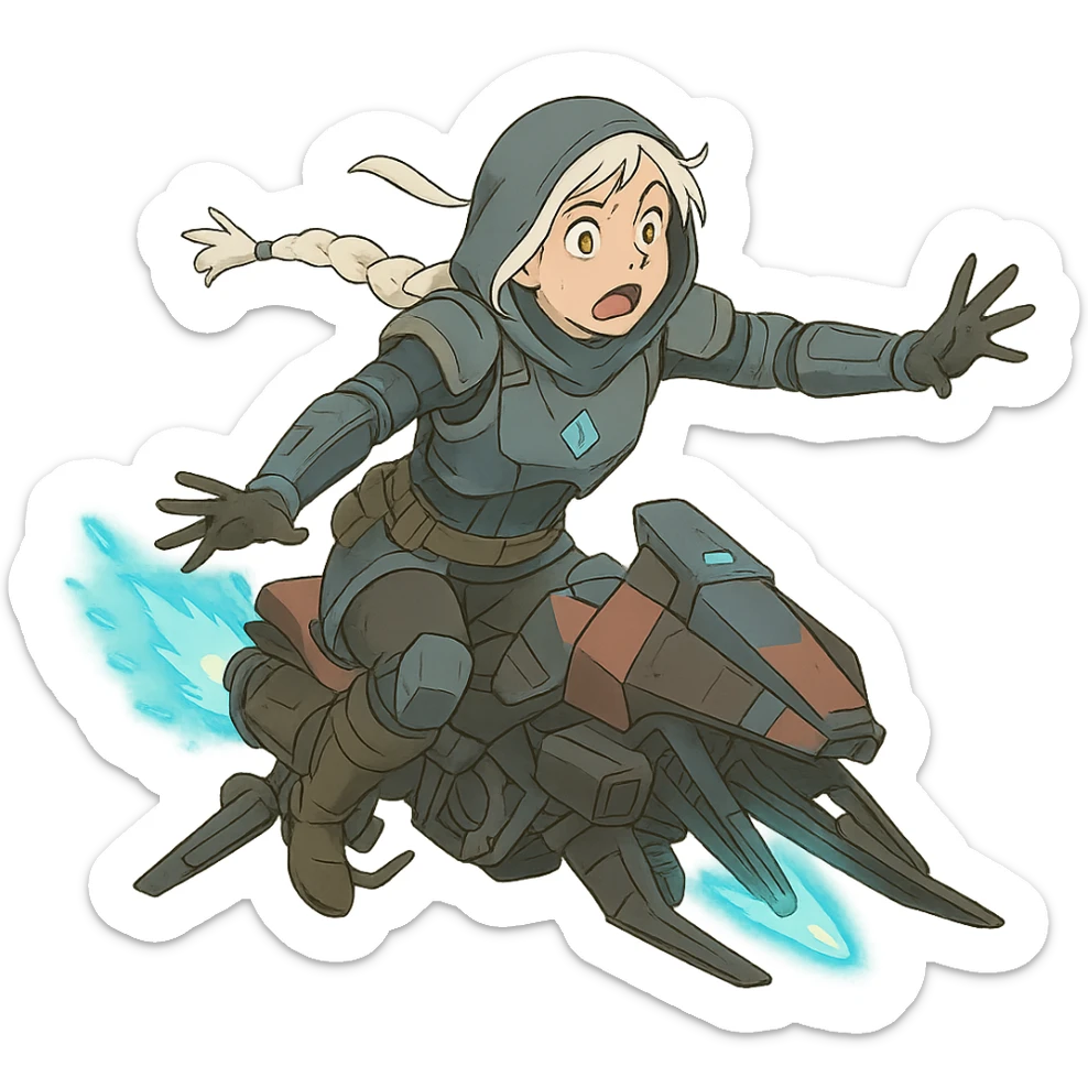 1 female, white hair long braid, gold yellow eyes, no helmet, a novice warlock from Destiny 2 armor,, futuristic technology,, level 1 warlock, flying out of control on a sparrow sticker