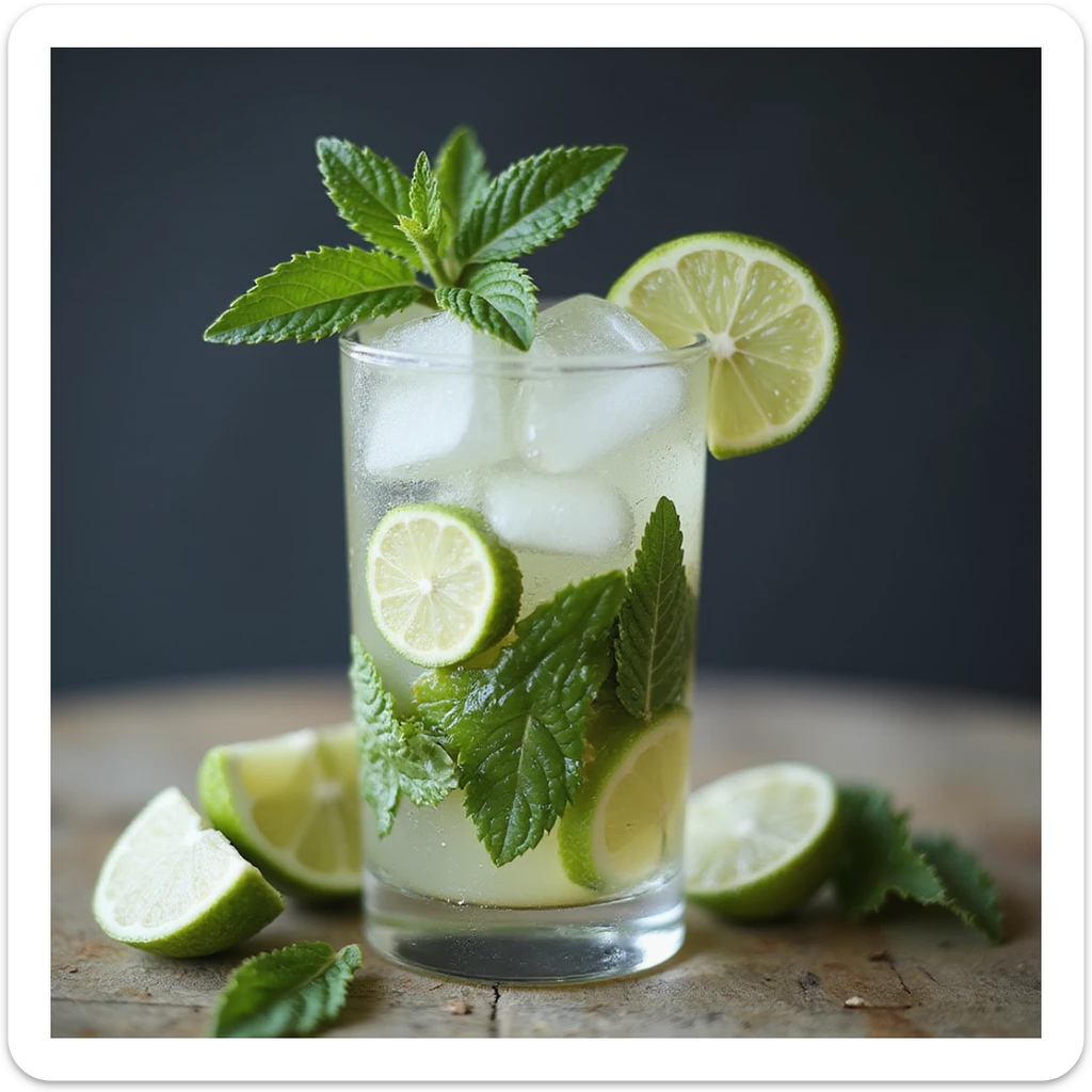 realistic mojito cocktail in a glass with mint leaves, lime slices, ice, photorealistic style, transparent background sticker