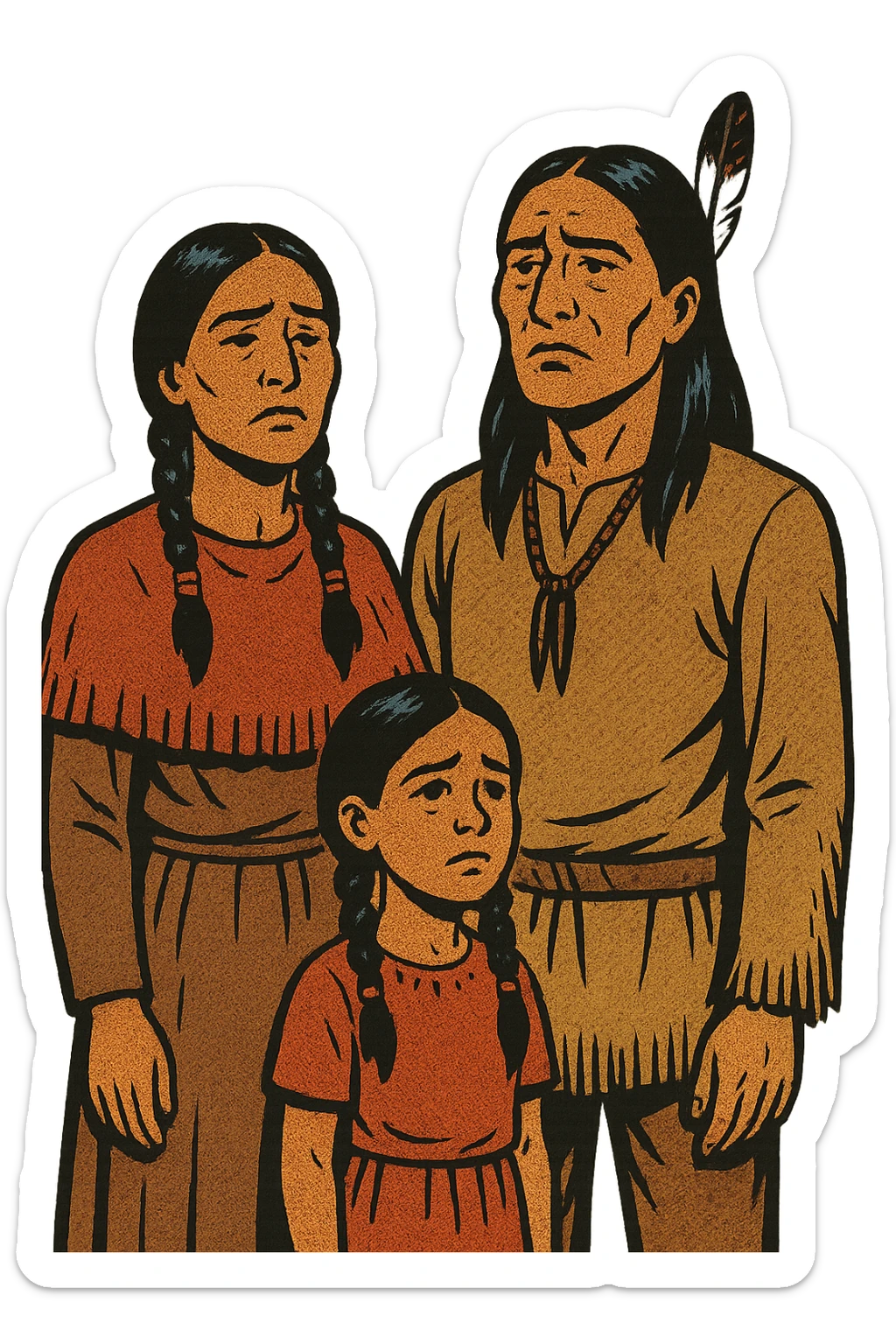 The full body of a native american mother, father and their daughter from the 1880s standing up straight with their heads held high but looking sad. sticker