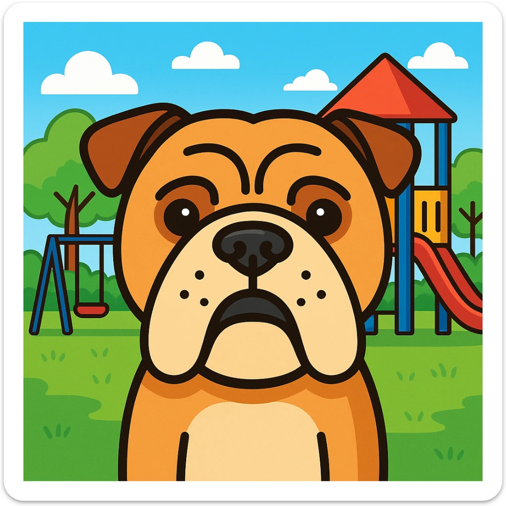 Add a playful background, such as a park or colorful playground, to the English bulldog head icon in color outline style. sticker