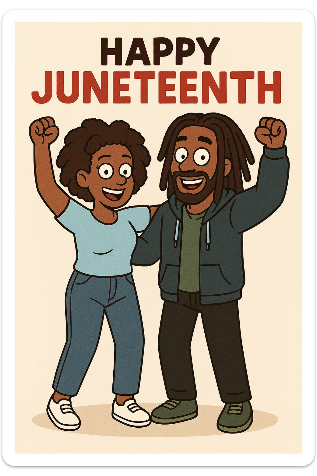 A woman Kinky hair light blue shirt blue jeans white shoes boy Dreadlocks dark brown hair green shuts navy blue zip up hoodie black jeans green shoes Bob Marley Vanessa Nakate Mae Jemison Happy JUNETEENTH sticker