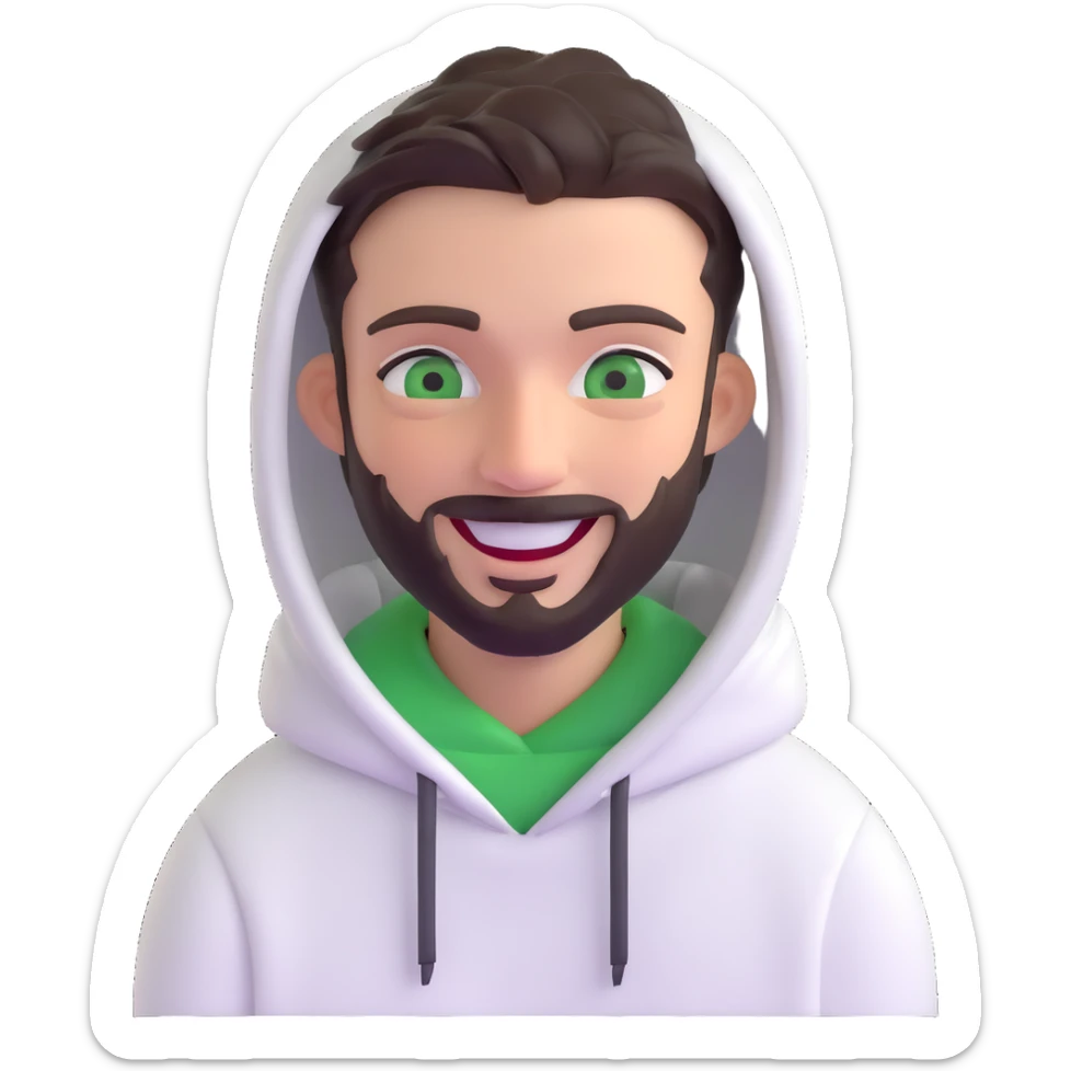 laughing guy with white hoodie, green eyes, dark brown undercut hairstyle and a short full beard sticker