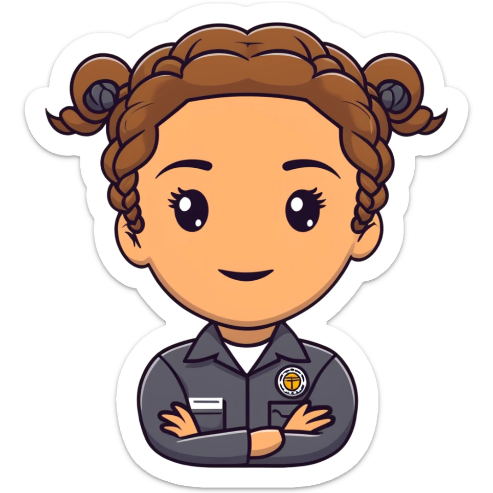 A 40-year-old Latina woman car mechanic with light brown skin, wearing black mechanic uniform, with two braids pulled back from her head sticker