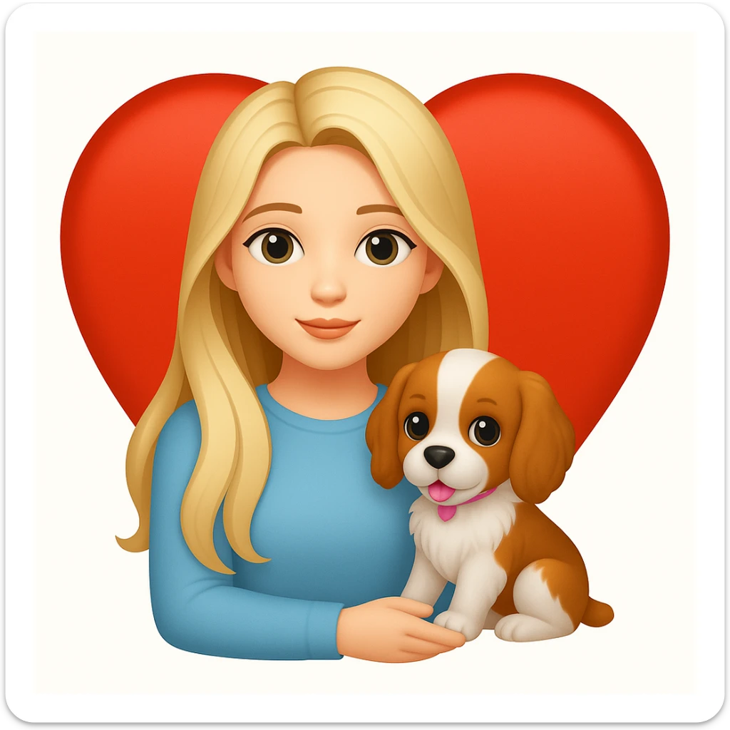 Add a heart background behind the girly girl with long hair and a puppy sitting beside her in the style of emoji (apple style emojis). Keep the emoji style look and feel. sticker