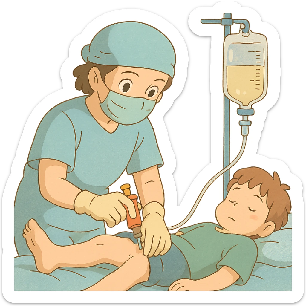 procedimento de punção intraóssea em estilo ghibli com detalhes médicos suaves sticker