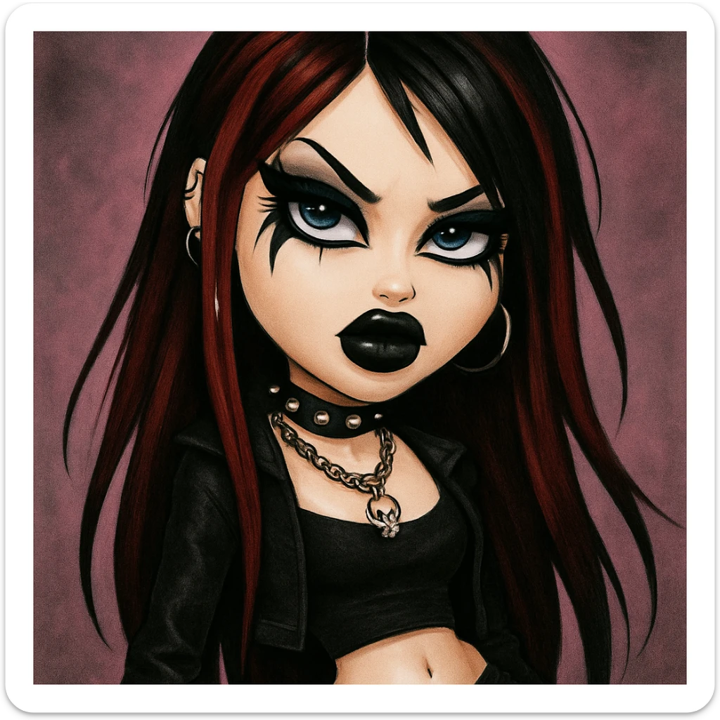 Emo alternative girl in Bratz baddie style: long dark red hair, pale skin, blue eyes, dramatic black eyeliner, pretty and fierce look. sticker