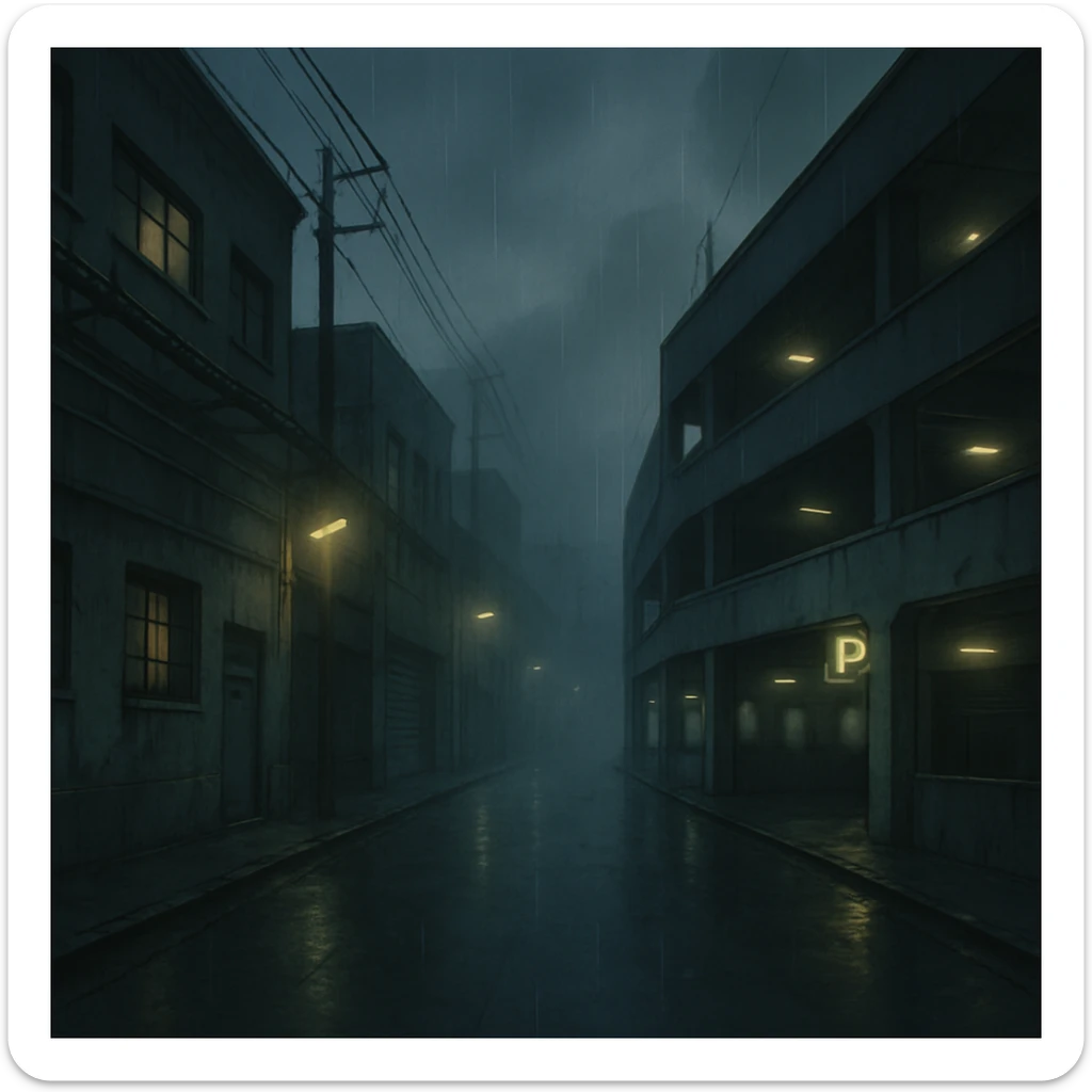 a dark, drab industrial street, dim lights, thick fog and rain. no cars. parking structure. pre-twilight gray. dystopian futurepunk, but the streets are clean sticker