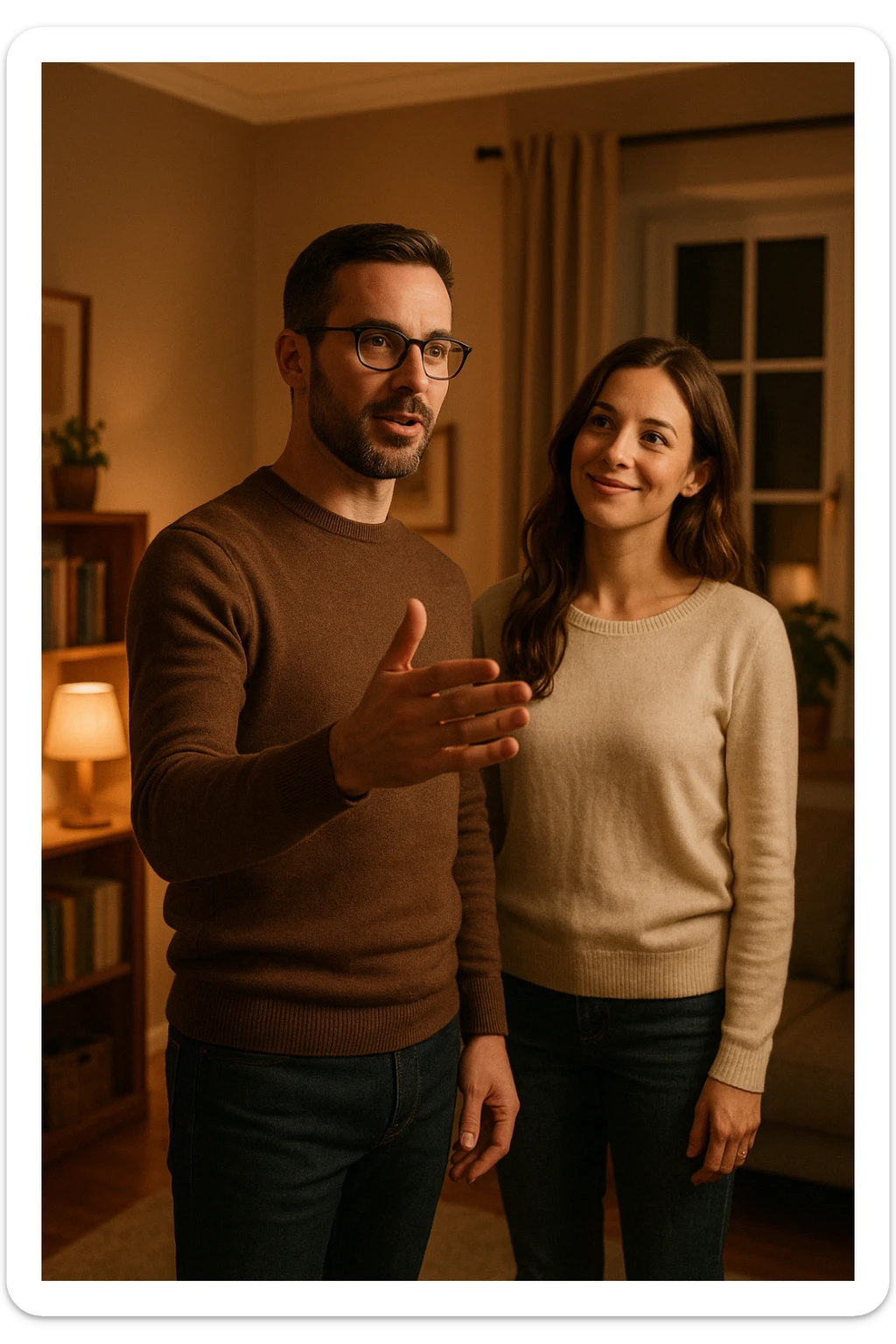 a woman stands slightly behind a man in a domestic setting, looking at him con fiducia e attesa. Il man is upright, with a confident and decisive posture, gently gesturing as if giving direction. The woman’s body language is relaxed and receptive, showing that she trusts and follows his lead. The background is warm and softly lit, emphasizing the couple’s dynamic. sticker