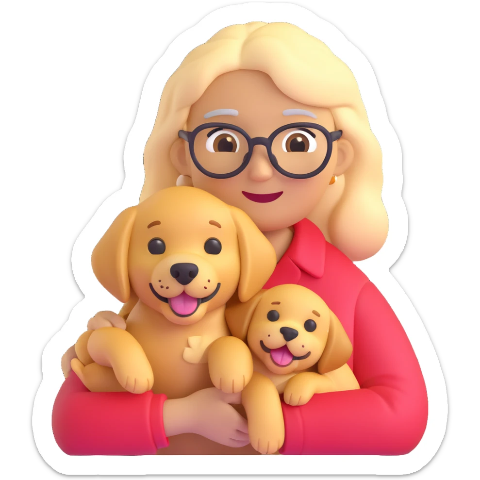 Edit the image to have the grandmother hold a big golden retriever in her arms instead of the corgi. Keep the grandmother unchanged and maintain the same 3D emoji style with a transparent background. sticker