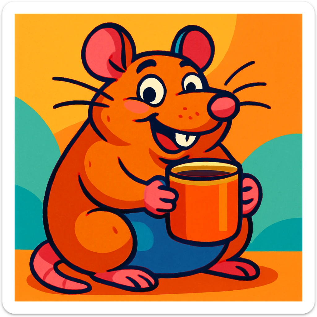 a chubby rat with a mug in hand, colorful cartoon style, vibrant and cheerful sticker
