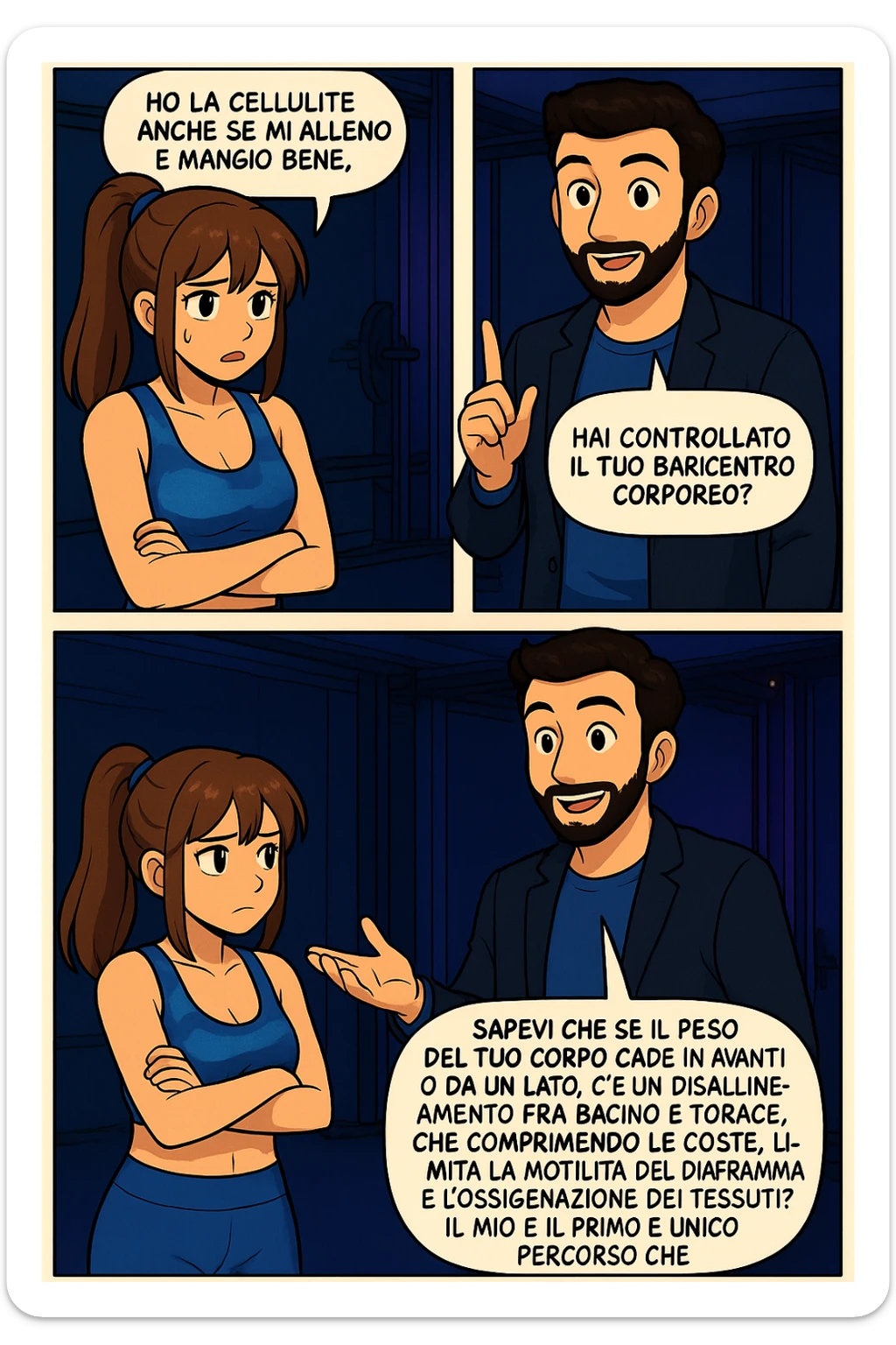 PRENDI SPUNTO DA QUESTO STILE FACENDO UN WEBTOON/MANGA:

LEI (DONNA): Ho la cellulite anche se mi alleno e mangio bene, cosa posso fare?

LUI (UOMO): Hai controllato il tuo baricentro corporeo?
LUI (UOMO): Sapevi che se il peso del tuo corpo cade in avanti o da un lato, c’è un disallineamento fra bacino e torace, che comprimendo le coste, limita la motilità del diaframma e l’ossigenazione dei tessuti?
LUI (UOMO): Il mio è il primo e unico percorso che lavora sugli inestetismi con un lavoro mirato sul baricentro corporeo. sticker