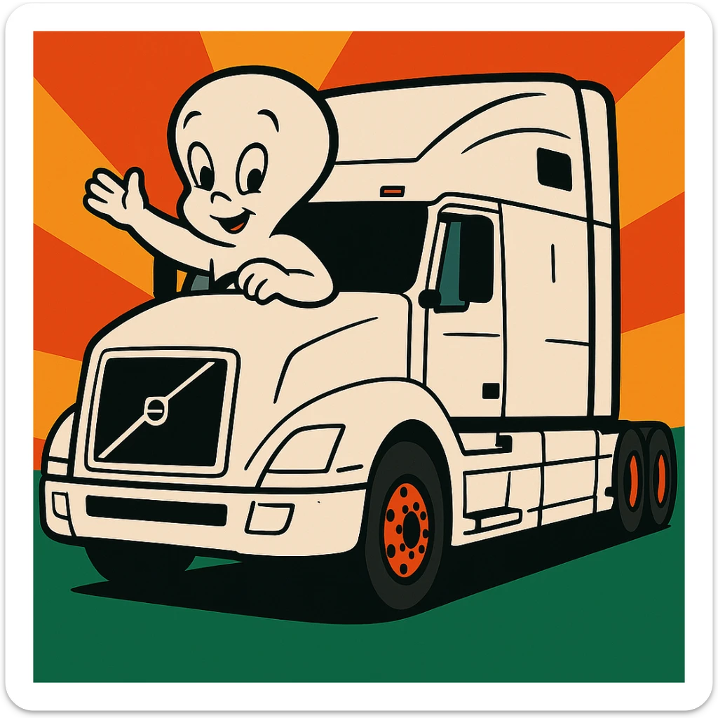Change the semi truck to white, keep Casper the ghost driving in vibrant toon style. sticker