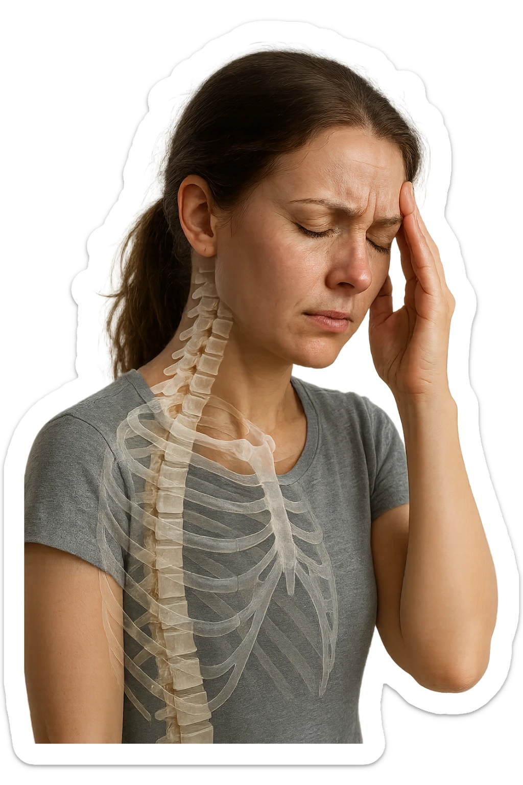 donna stanca che si tiene una mano sulla tempia con spina dorsale anatomica visibile, iperrealistico 4k sticker