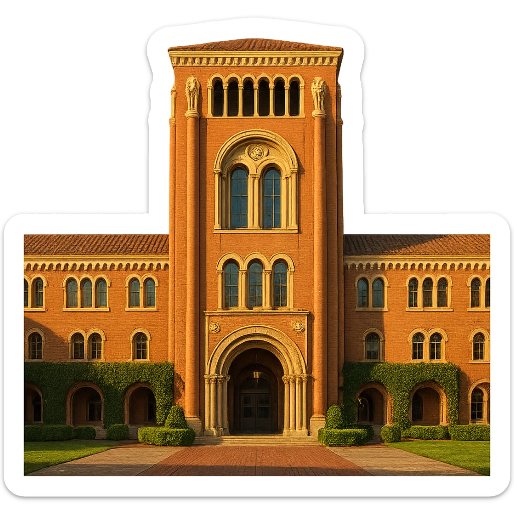 cinematic, realistic emoji of the Bovard Administration Building at the University of Southern California in Los Angeles, straight-on perspective, featuring its iconic Romanesque Revival architecture, lifelike detail, bright regal lighting as on a sunny day, accurate building colors, transparent background sticker