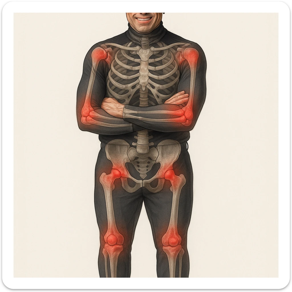 Create a series of 5 vertical images of a man (reference photo) with widespread joint pain, highlighting inflammation with an anatomical view. Show red zones on the joints, medical style, anatomical details, hyperrealism. sticker