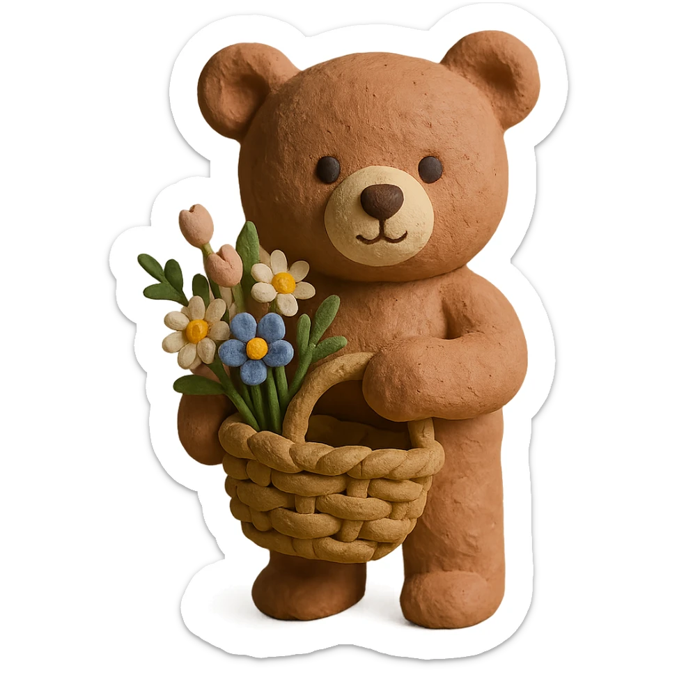 bear carrying a basket of wildflowers, soft pastel brown and cream, claymation style sticker