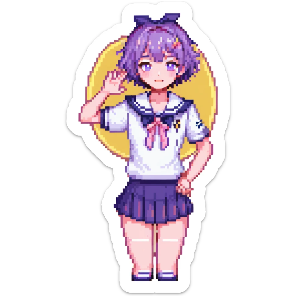 Pixel art anime schoolgirl with short bright purple hair in Japanese sailor uniform, standing with one hand on hip trying to look brave but shyly waving with pink blush across face sticker