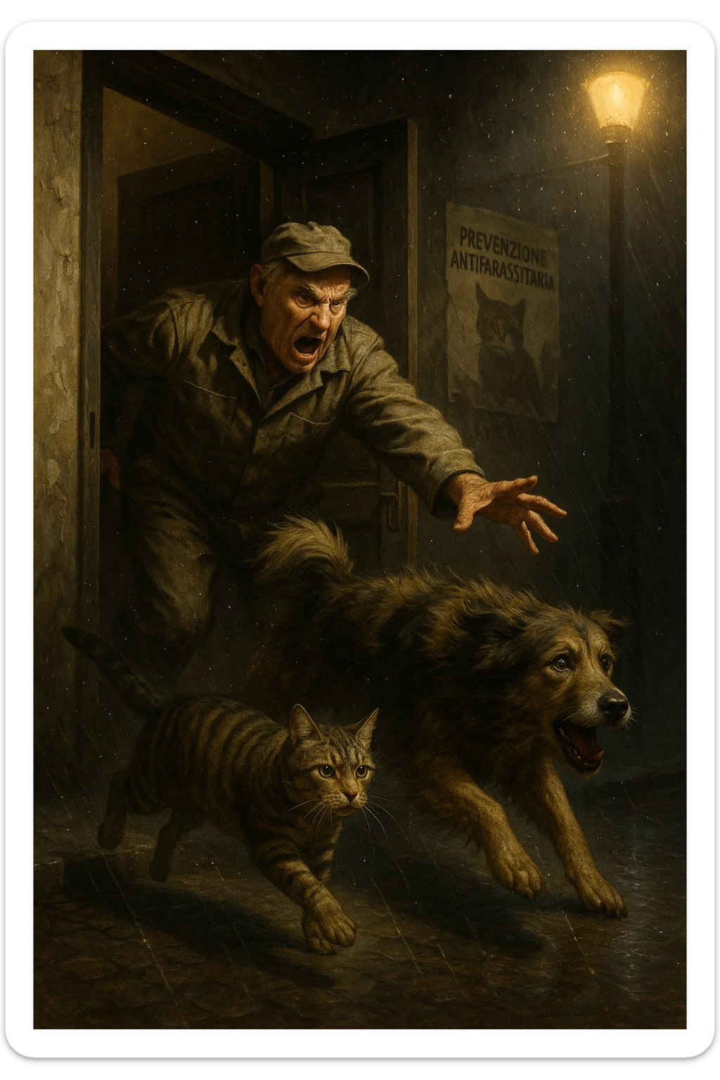 Un uomo anziano in tuta da lavoro, con espressione arrabbiata, butta fuori i suoi animali con aperta la porta di casa mentre il suo cane (un meticcio a pelo lungo) e il gatto (soriano) scappano nella strada buia sotto la pioggia. Particelle di polvere/pulci fluttuano nell'aria illuminata dal lampione. Sullo sfondo, un poster strappato del veterinario con scritto 'Prevenzione antiparassitaria'. Stile fotorealistico, illuminazione Caravaggesca, toni grigi e ocra. in italiano sticker