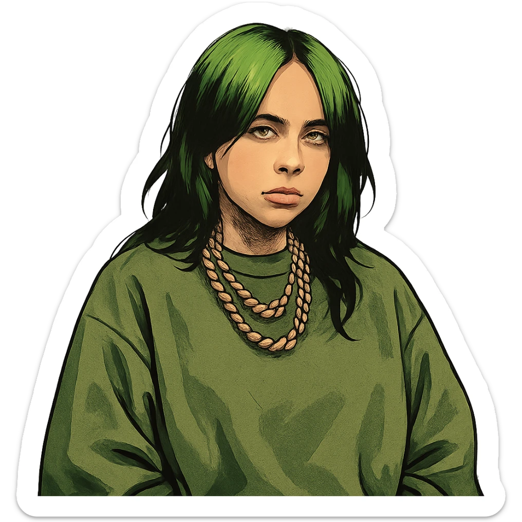 stylized portrait of Billie Eilish with green hair, oversized clothing, moody expression, pop star vibe sticker