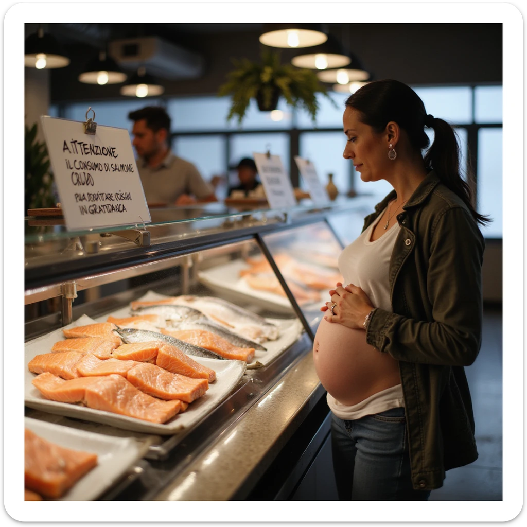 realistic pregnant woman in 4K approaching the fish counter in a modern fish market, notices the sign with the text: “Attenzione, il consumo di salmone crudo può comportare rischi in gravidanza” and moves away from the salmon. sticker