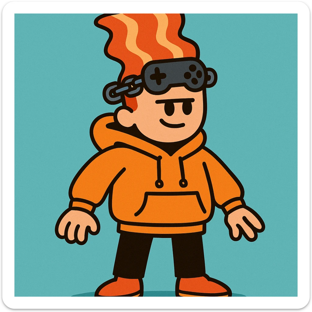 person with bacon hair, very small head, orange hoodie, black trousers, orange shoes, gamer chain around head, vibrant cartoon style sticker
