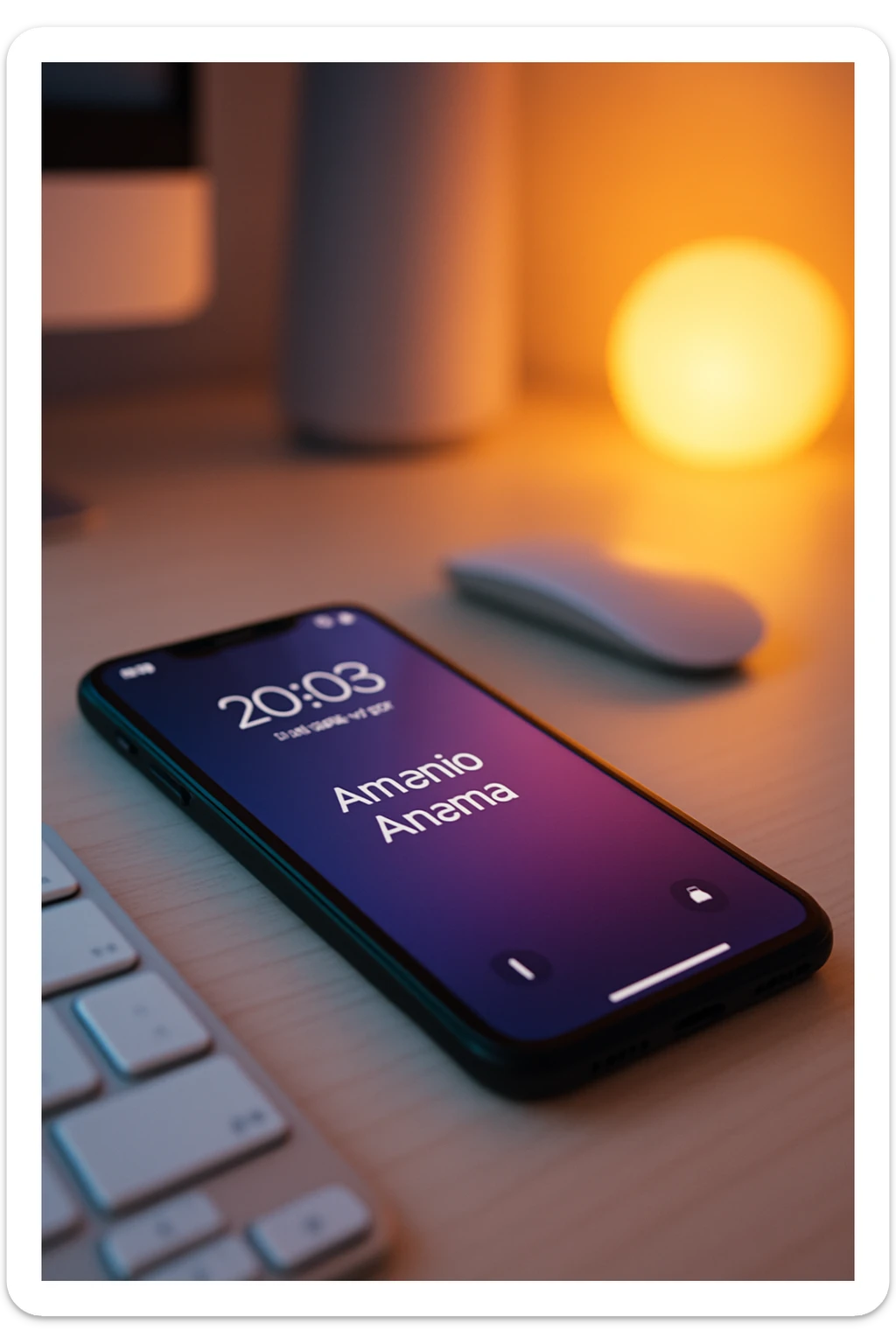 A photo of an iPhone on the desk with the message "Antonio Anania" on its screen, The phone sits atop a desk with a blurred background that suggests work environment. A faint glow from above casts gentle shadows across the surface of each object, creating depth and highlighting their textures sticker