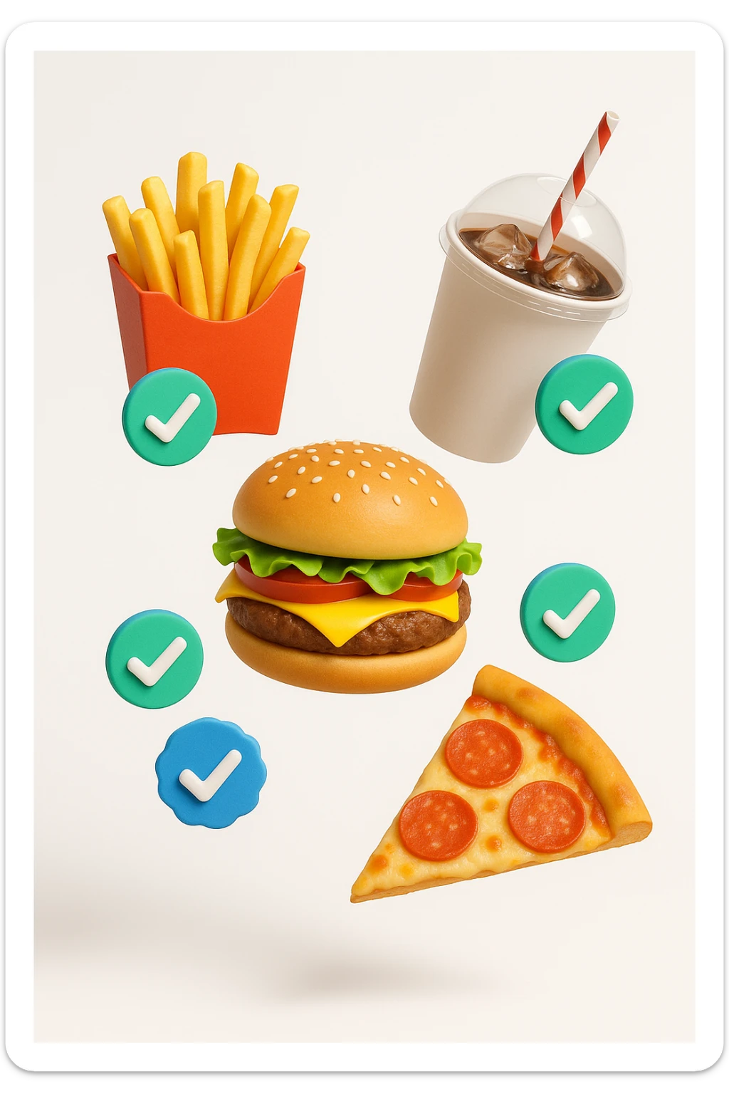 fast food fluttua in aria insieme a spunte di verificato in 3d, sfondo bianco sticker