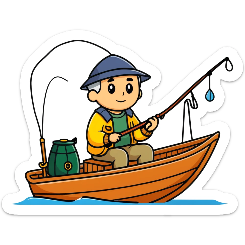 elderly fisherman sitting in boat with fishing rod sticker