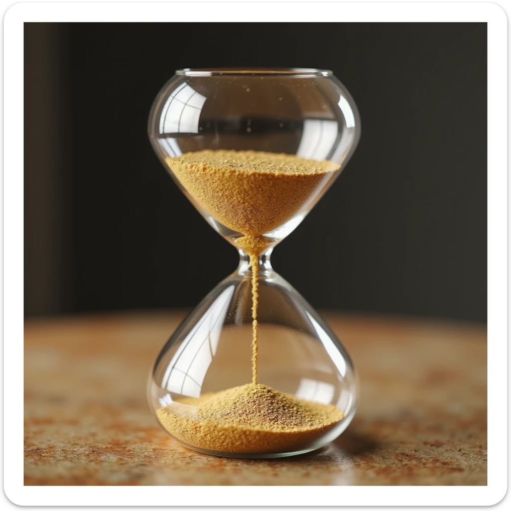 hyperrealistic 3D hourglass, 4K render, realistic reflections on glass, golden sand flowing sticker