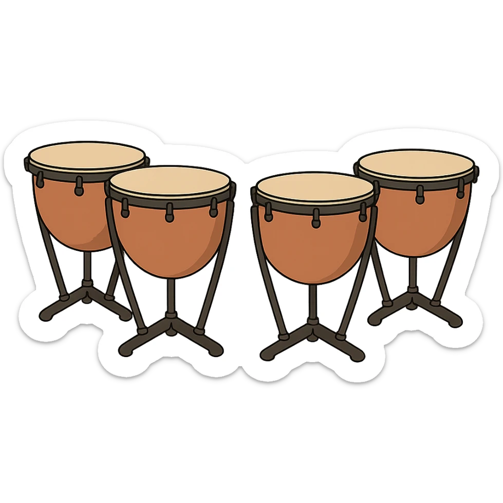 Cartoon style depiction of exactly four timpani drums, no player, all drums brown, with no background, isolated on transparent background. sticker